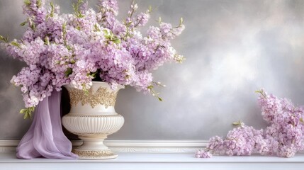 Elegant lilac bouquet in a decorative vase, draped with sheer fabric against a soft backdrop