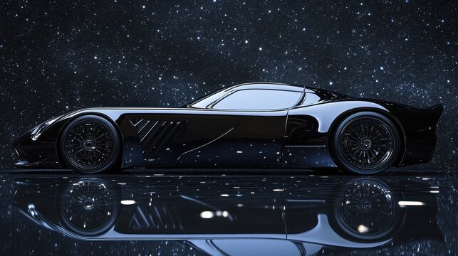 A Futuristic Black Sports Car Reflected on a Sparkling Surface