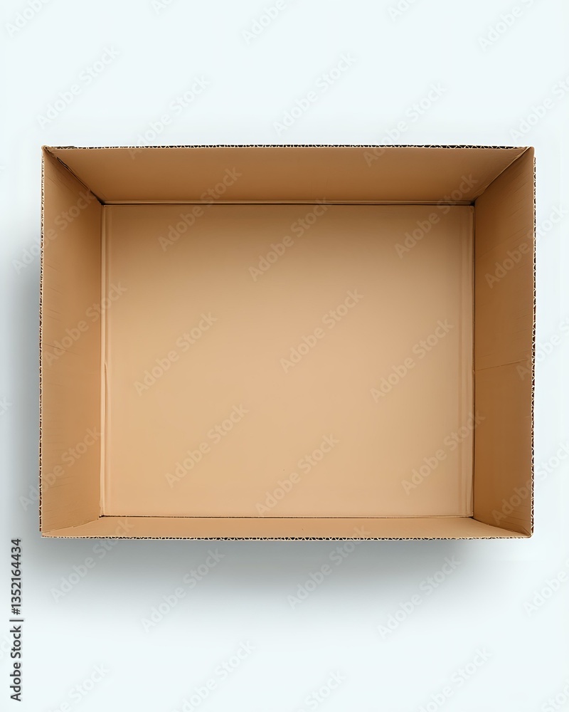 Poster Empty open cardboard box viewed from above on white background, showing interior space and corrugated edges. Isolated packaging ready for design use.