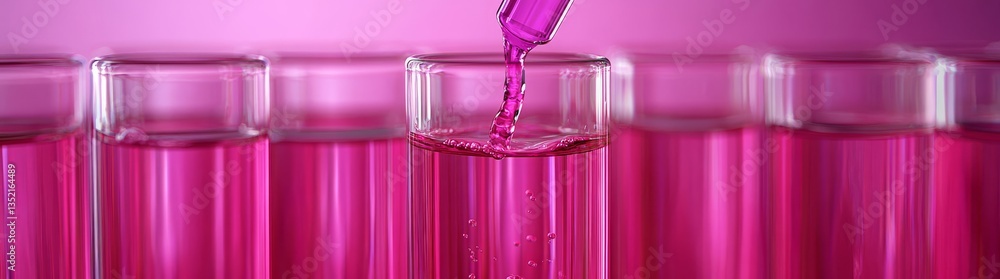 Poster a focused image of a dropper adding liquid to a line of containers filled with vivid pink fluid, sho
