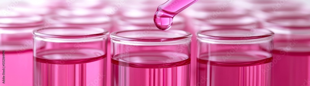 Poster a zoomed-in view of a dropper dispensing liquid into containers filled with lively pink fluid, illus