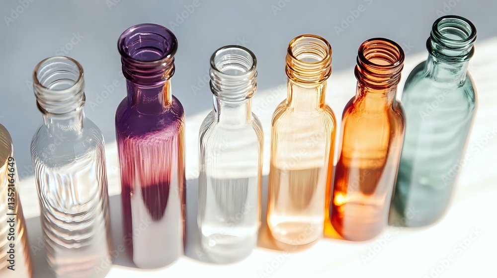 Poster colorful glass bottles in row on white background with sunlight creating shadows and reflections. mi