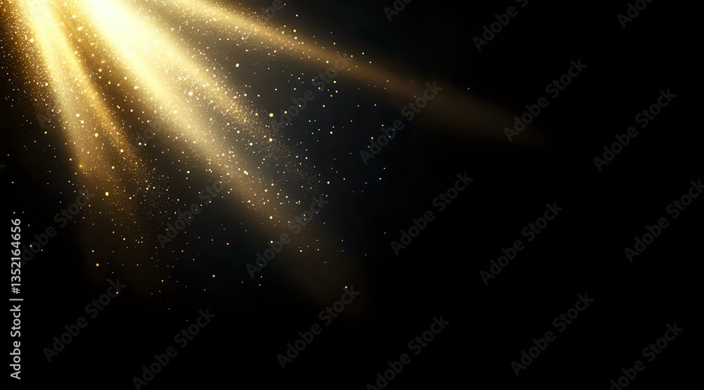 Aufkleber golden light rays pierce through darkness with sparkling particles floating in beams against black b