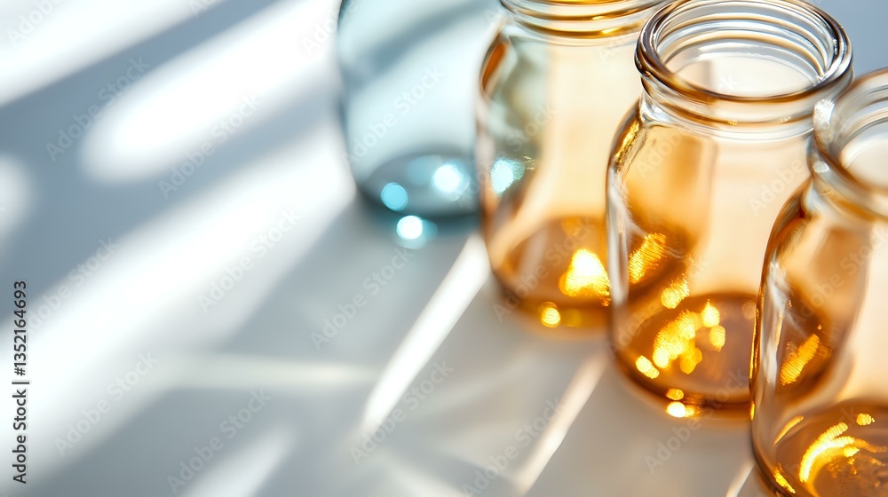 Poster glowing mason jars with warm honey-colored liquid catching sunlight through window blinds, creating 