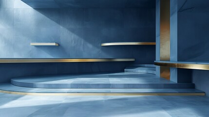 Minimalist futuristic design layers of matte Blue surfaces elegant gold accents composition crisp clean subtle highlights give sense of depth dimension gold detailing enhances the sense of exclusivity
