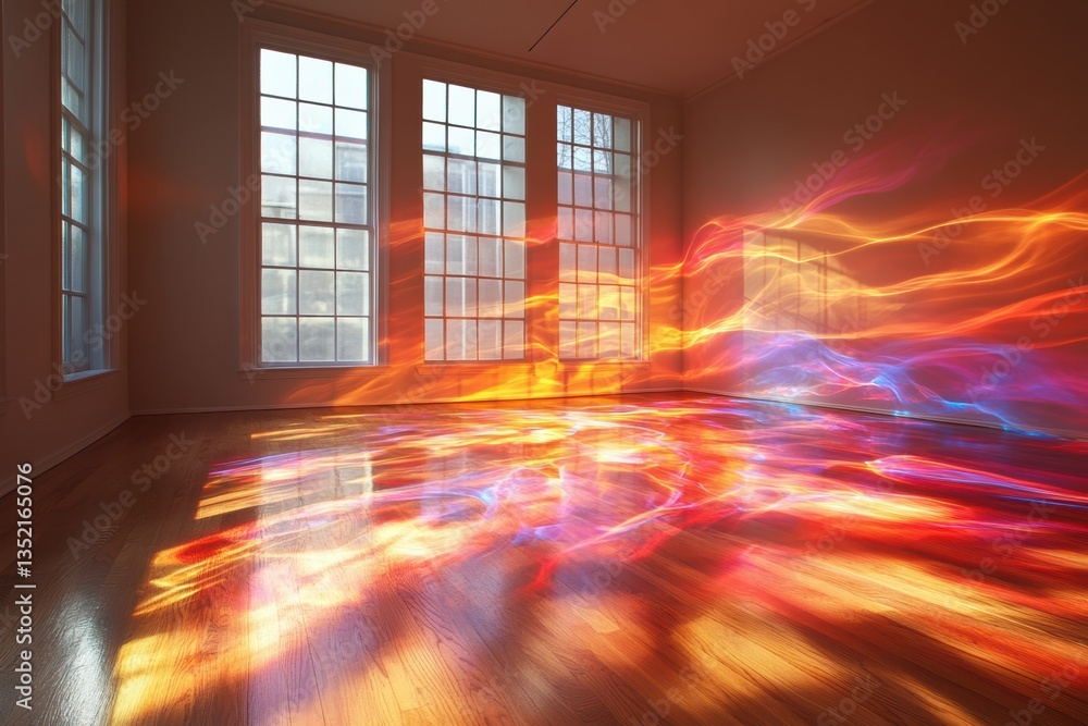 Poster an ethereal display of colorful light patterns dancing across a wooden floor illuminated by sunlight
