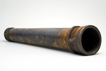 A long corroded metal pipe laying on a white surface