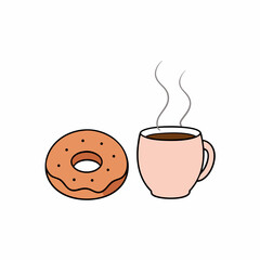 a donut placed next to a steaming cup of coffee