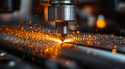 CNC machine cutting metal with bright orange sparks flying, precision manufacturing process in industrial workshop for engineering and metalworking