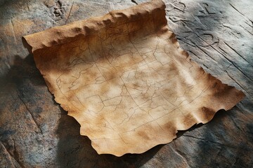 A vintage map showing a rolled parchment on a stone surface
