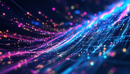 Abstract digital data stream visualization with connected lines and dots