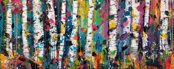 Abstract motion brush stroke paint birch forest colorful drips canvas done oil turbulence wood panel expression trees style lined striped mix wild water liquid flow.