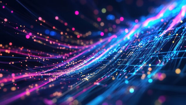 Abstract digital data stream visualization with connected lines and dots