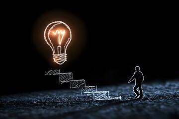 Silhouette of person climbing sketched stairs leading to glowing lightbulb against dark background, representing journey toward innovation and creative success.
