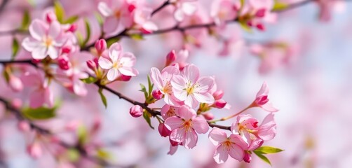 Obraz premium Delicate pink blossoms in full bloom against a soft spring background, element, garden