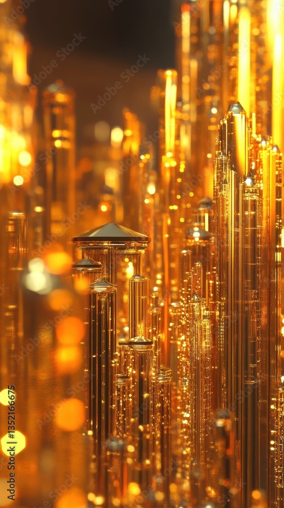 Poster detailed golden architectural columns are illuminated with light creating a city