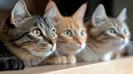 Three curious cats with striking eyes lined up in a row - tabby, ginger, and gray felines gazing intently in same direction creating engaging pet portrait composition.