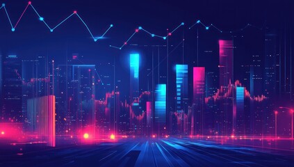 A futuristic city landscape with stock market data visualizations