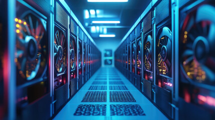 Futuristic cryptocurrency mining farm featuring rows of powerful servers with illuminated fans, creating vibrant and high tech atmosphere. scene evokes sense of innovation and advanced technology