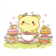 A cute yellow bear enjoys a delightful tea party setting