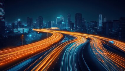 The illuminated urban highway leading into the futuristic cityscape at night © Musa