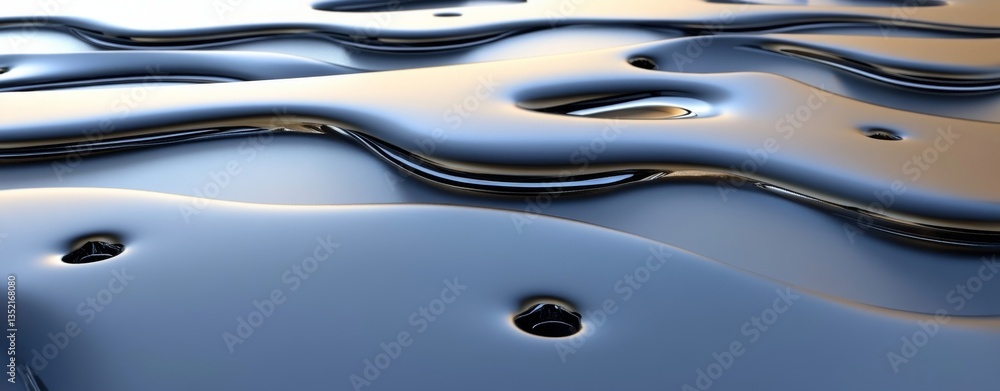 Poster a zoomed-in shot of a liquid surface with bubbles, displaying a sleek, dark texture that implies dep