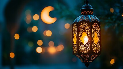 Illuminated ornate lantern hanging, crescent moon backdrop.
