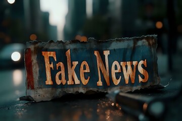 Torn paper with text fake news on dark urban background with bokeh lights, representing media manipulation and disinformation in modern society.