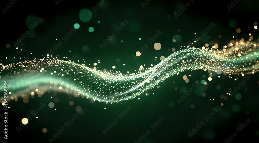 Poster magical glowing wave of sparkling particles flowing on dark green background with bokeh light effect