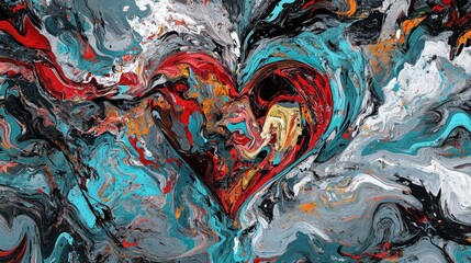 An abstract painted heart surrounded by colorful swirly patterns