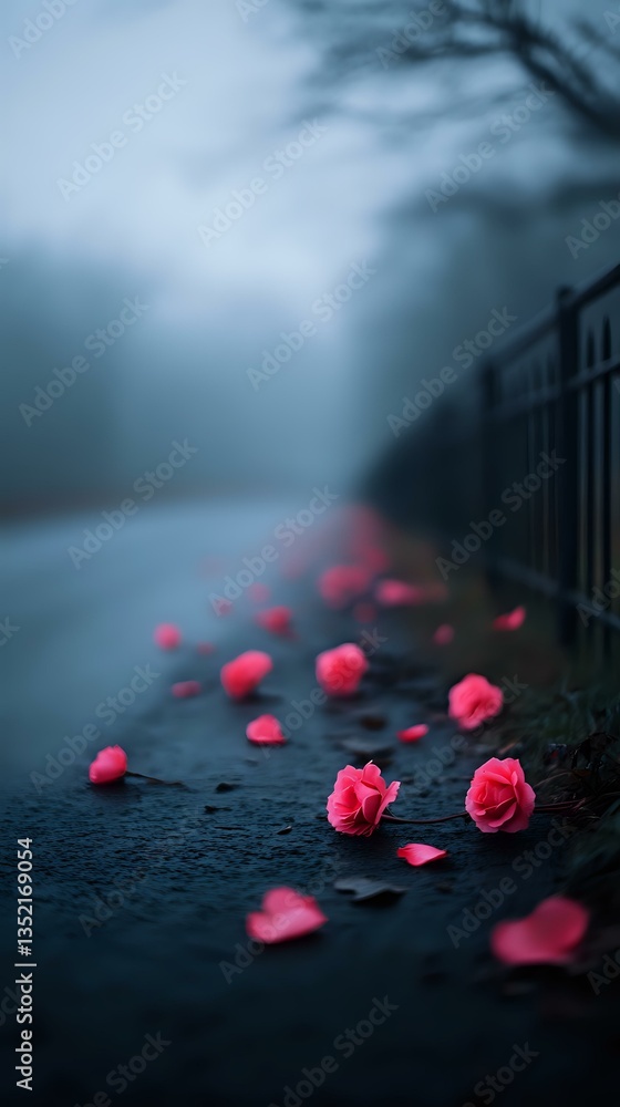 Poster pink rose petals and blooms scattered on wet dark pavement during foggy twilight, creating moody rom