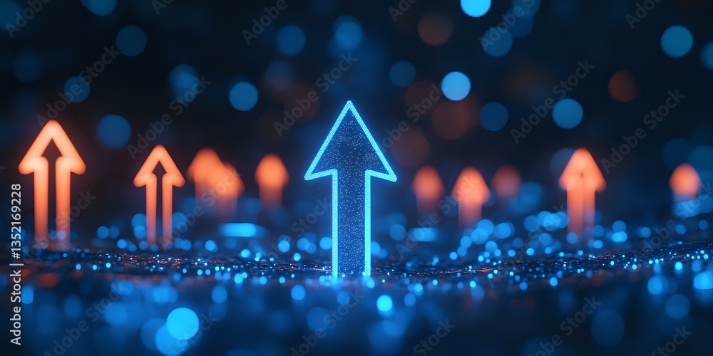 Poster glowing neon arrows pointing upward against dark background with blue and orange bokeh lights create