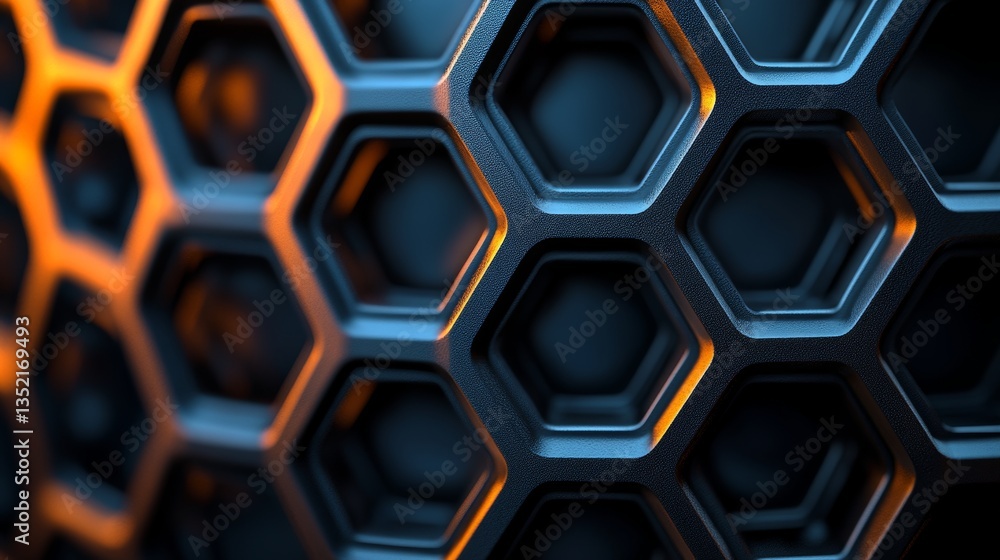 Poster a near view of a hexagonal-patterned textured surface, lit warmly to create a striking visual impact