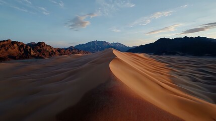Majestic sand dunes in desert landscape at sunset with dramatic mountain ridges in background and soft clouds in blue sky creating peaceful natural scenery.