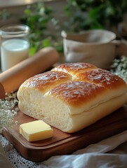 Fresh, fluffy baked bread, golden from the oven, rests on a wooden board. Rolling it reveals a perfect crust, ready for butter and fresh milk!