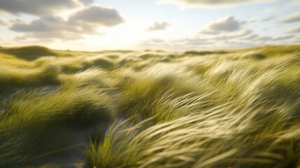 Lush Green Grass Field Under Soft Sunrise Glow with Gentle Breeze