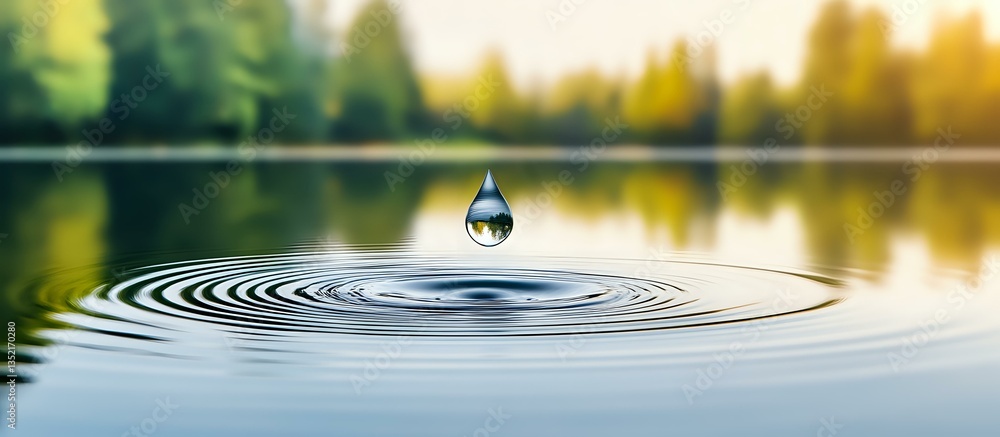 Aufkleber water drop creating concentric ripples on calm lake surface against blurred forest reflection backgr