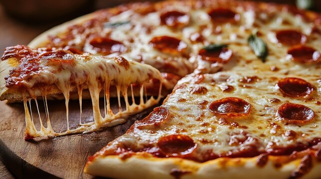 Dripping melted cheese and savory toppings showcase a delectable Italian pizza with a slice removed, inviting appetites and evoking a sense of comfort