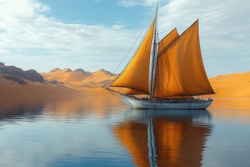 A beautiful sailboat with orange sails gliding over calm waters against a backdrop of golden sand dunes and a clear blue sky.
