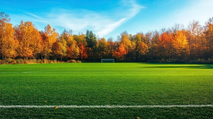 Fototapeta premium Autumn soccer field under a vibrant blue sky