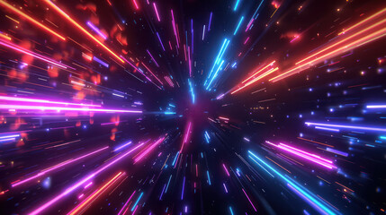 Fototapeta premium 3D technology abstract vibrant fantasy speed neon lighting performance perspective backgrounds empty nightclub warp drive dark night glowing way virtual reality.