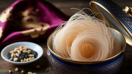Delicate sugar strands glistening in a refined Chinese dessert setup