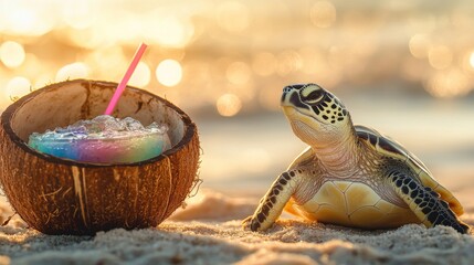 A turtle is laying on the beach next to a coconut with a straw in it. The scene is playful and lighthearted, with the turtle seemingly enjoying the drink