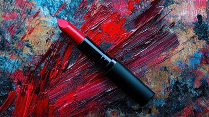 Obraz premium A tube of deep red lipstick lying on an artists palette with red paint streaks.