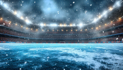 Snow-covered football stadium during a winter match with bright lights illuminating the field