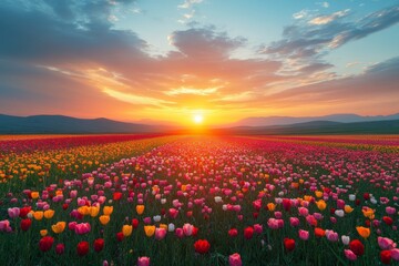 Stunning sunset over flower field featuring vibrant tulips, warm orange glow, mountains in background. Concept of sunset over flower field, tranquility, landscapes.