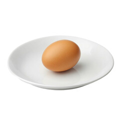 Single brown egg on white plate simple food photography,