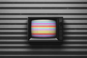 Obraz premium Retro Television with Colorful Test Pattern on Striped Wall Background