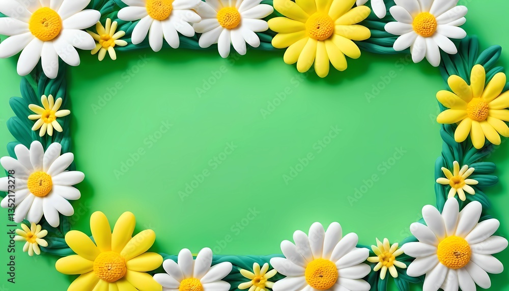 Poster bright daisies in shades of white and yellow create a charming frame against a lively green backgrou