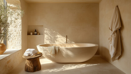 Bright and serene bathroom featuring a spacious modern bathtub, natural textures, soft lighting from a large window, and minimalistic details, creating a relaxing and spa-like ambiance 